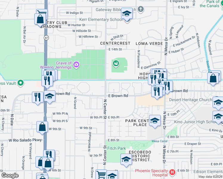 map of restaurants, bars, coffee shops, grocery stores, and more near in Mesa