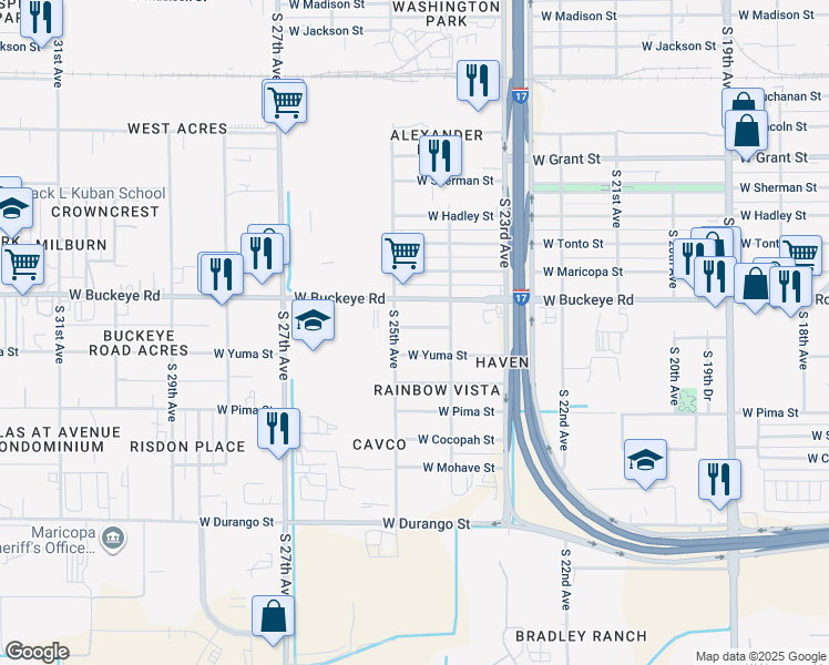 map of restaurants, bars, coffee shops, grocery stores, and more near 2413 West Yuma Street in Phoenix