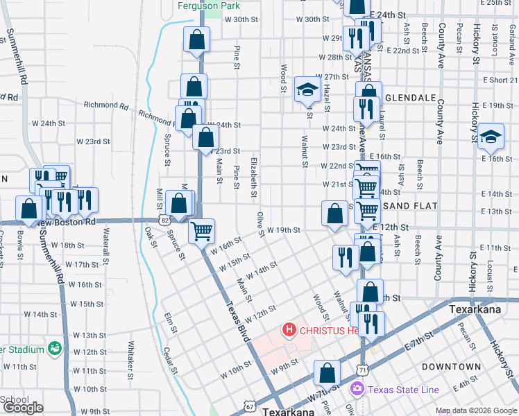 map of restaurants, bars, coffee shops, grocery stores, and more near 1907 Olive Street in Texarkana