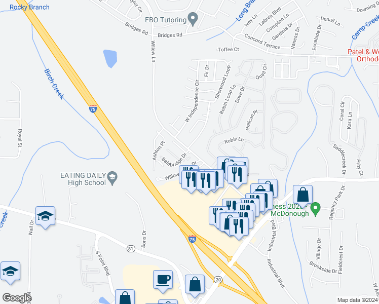 map of restaurants, bars, coffee shops, grocery stores, and more near 508 Willow Chase Drive in McDonough