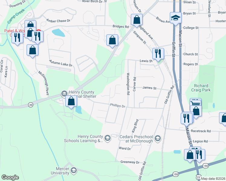 map of restaurants, bars, coffee shops, grocery stores, and more near 117 Tillman Court in McDonough