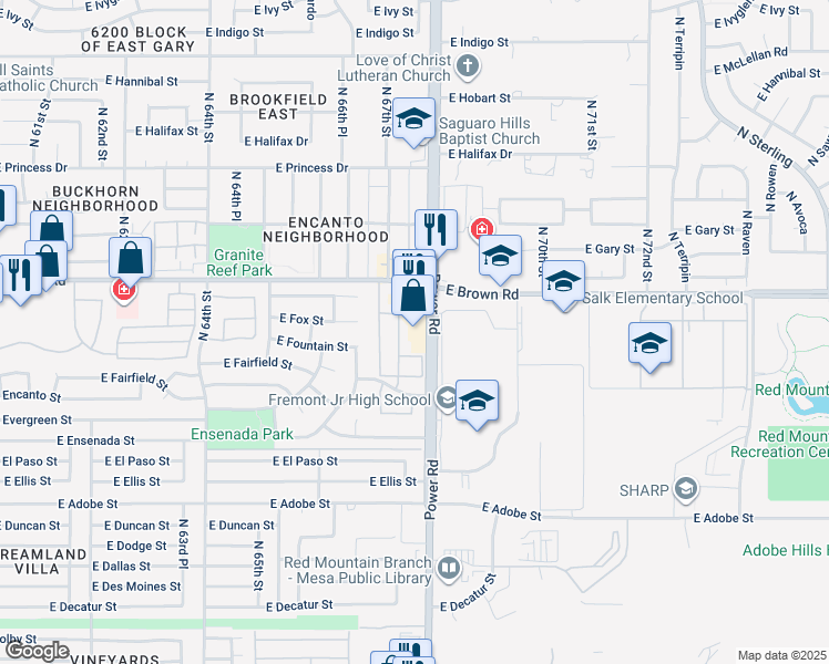 map of restaurants, bars, coffee shops, grocery stores, and more near 1066 North Power Road in Mesa