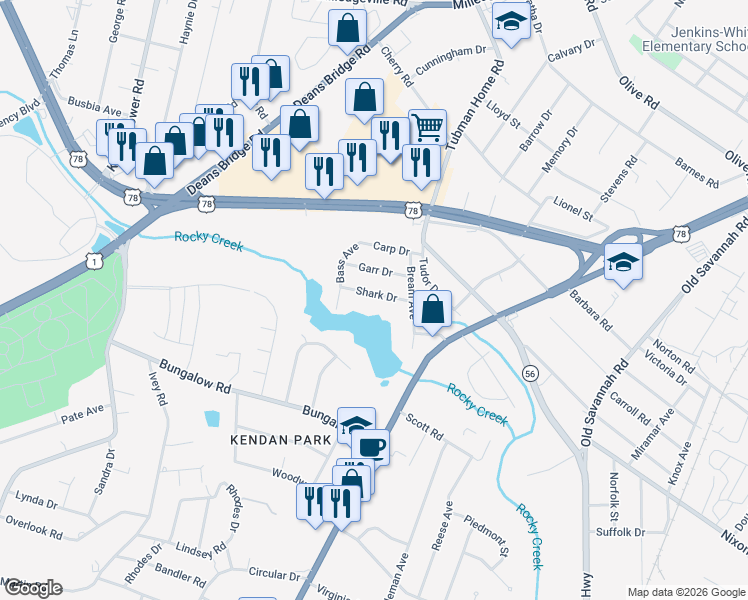 map of restaurants, bars, coffee shops, grocery stores, and more near 2013 Shark Drive in Augusta