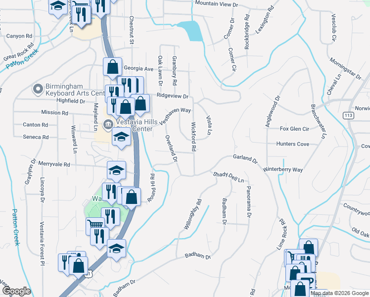 map of restaurants, bars, coffee shops, grocery stores, and more near 2133 Woodhue Circle in Vestavia Hills