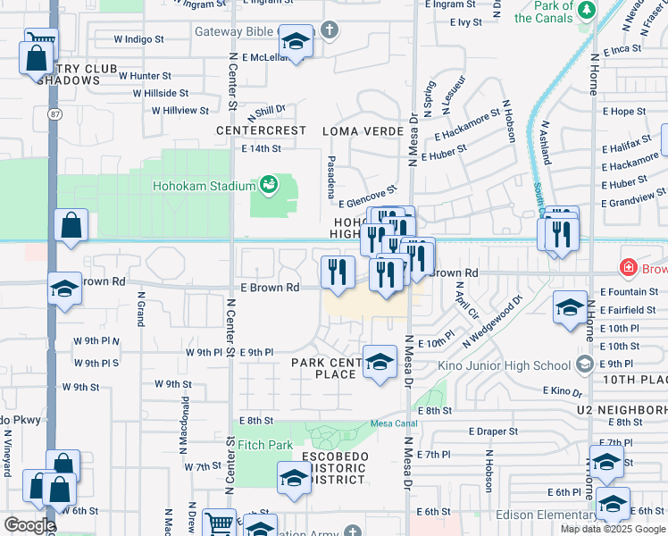 map of restaurants, bars, coffee shops, grocery stores, and more near 210 East Brown Road in Mesa