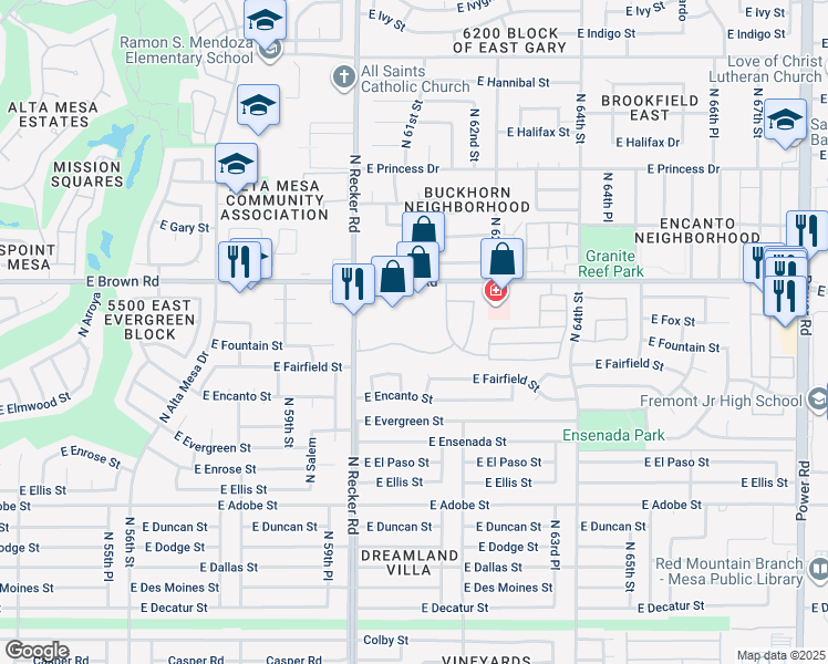 map of restaurants, bars, coffee shops, grocery stores, and more near 6129 East Brown Road in Mesa