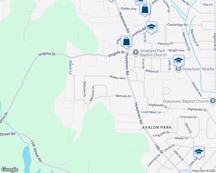 map of restaurants, bars, coffee shops, grocery stores, and more near 107 Walker Avenue in Hueytown