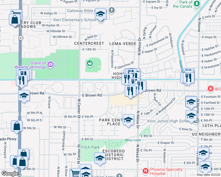 map of restaurants, bars, coffee shops, grocery stores, and more near 210 East Brown Road in Mesa