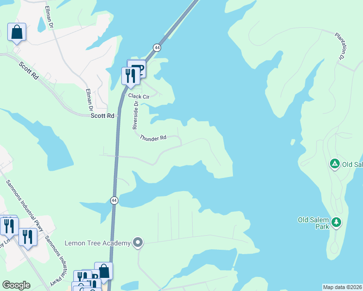 map of restaurants, bars, coffee shops, grocery stores, and more near Thunder Rd in Eatonton