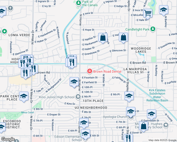 map of restaurants, bars, coffee shops, grocery stores, and more near 820 East Brown Road in Mesa