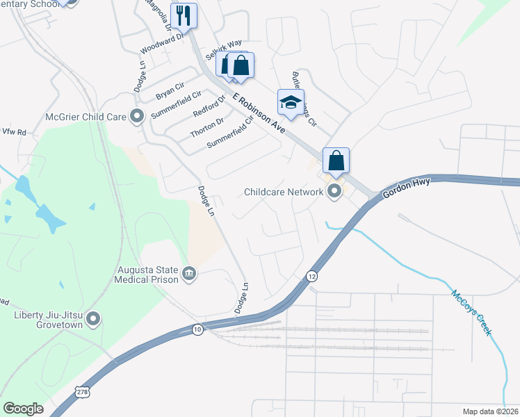 map of restaurants, bars, coffee shops, grocery stores, and more near 1110 Dodge Lane in Grovetown