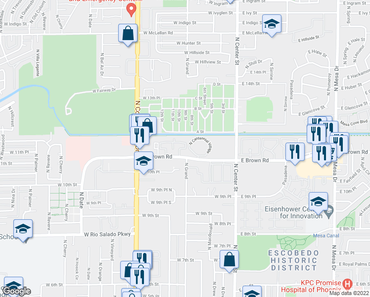 map of restaurants, bars, coffee shops, grocery stores, and more near North Centennial Village in Mesa