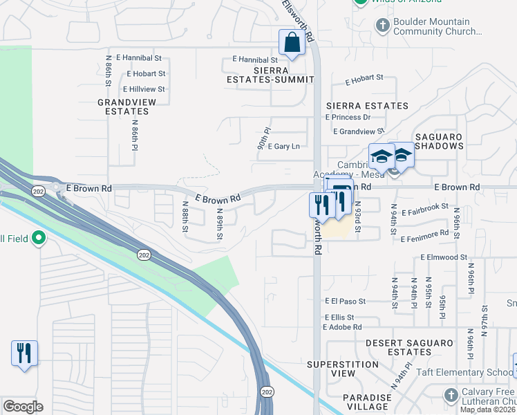 map of restaurants, bars, coffee shops, grocery stores, and more near 1146 North 90th Place in Mesa
