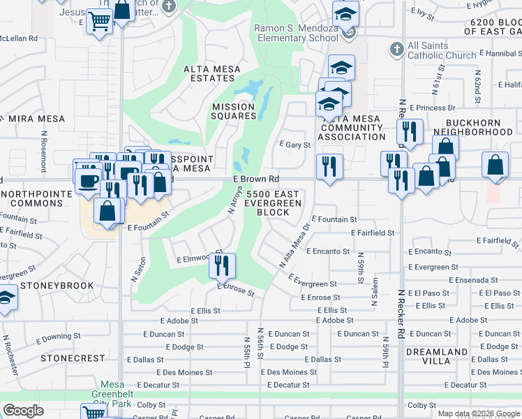 map of restaurants, bars, coffee shops, grocery stores, and more near 1148 North Ambrosia in Mesa