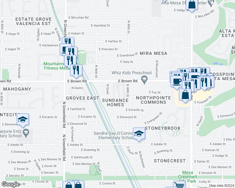 map of restaurants, bars, coffee shops, grocery stores, and more near 4725 East Brown Road in Mesa