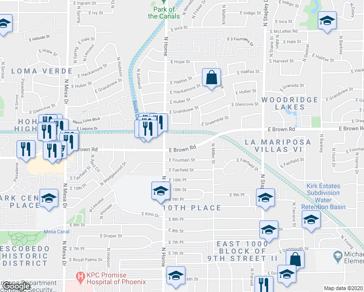map of restaurants, bars, coffee shops, grocery stores, and more near 820 East Brown Road in Mesa