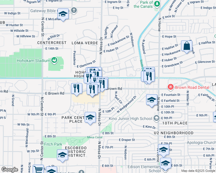 map of restaurants, bars, coffee shops, grocery stores, and more near 1135 North Mesa Drive in Mesa