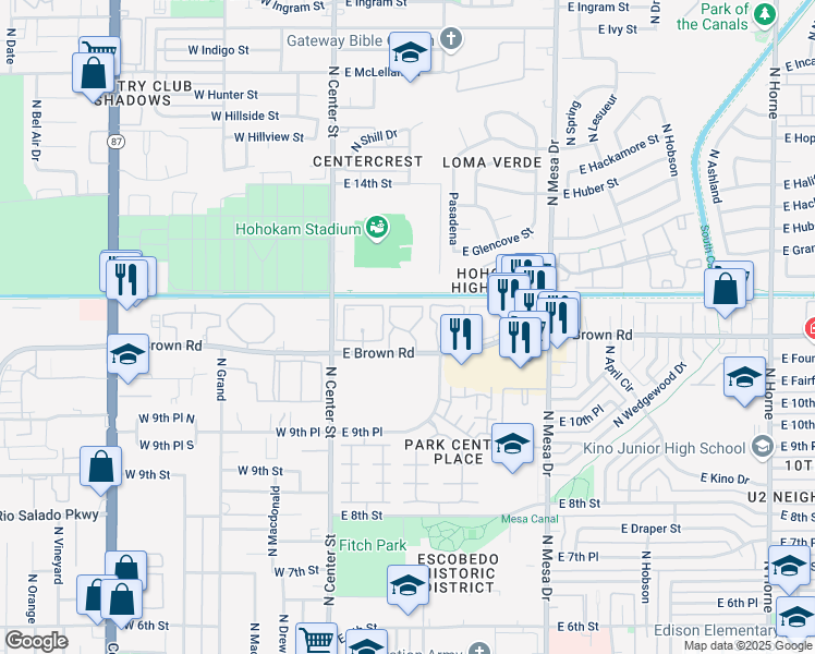 map of restaurants, bars, coffee shops, grocery stores, and more near 132 East Brown Road in Mesa