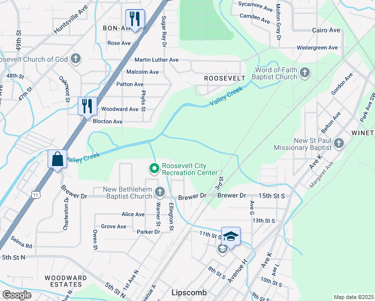map of restaurants, bars, coffee shops, grocery stores, and more near 5800 4th Street South in Birmingham