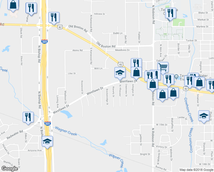 map of restaurants, bars, coffee shops, grocery stores, and more near 1799 Breckenridge Street in Texarkana