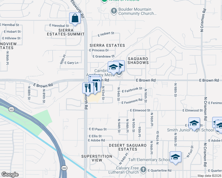 map of restaurants, bars, coffee shops, grocery stores, and more near 9324 East Fox Street in Mesa