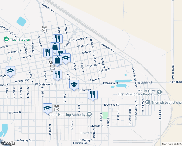 map of restaurants, bars, coffee shops, grocery stores, and more near 398 S 4th St in Slaton
