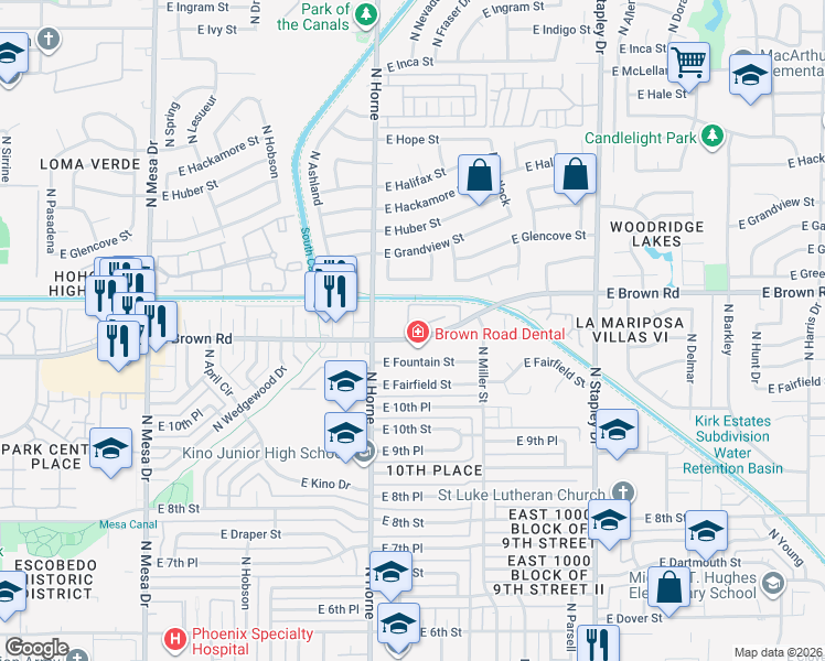 map of restaurants, bars, coffee shops, grocery stores, and more near 820 East Brown Road in Mesa