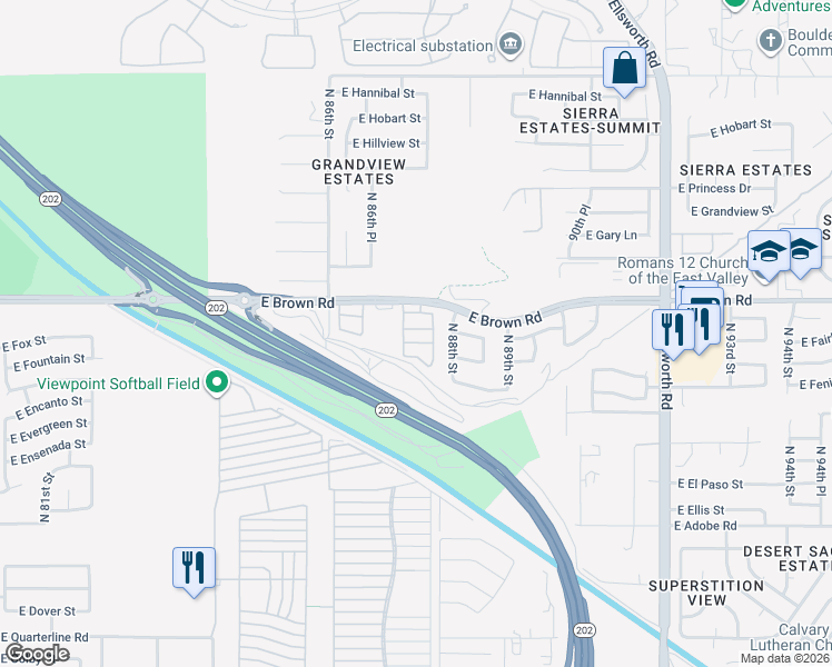 map of restaurants, bars, coffee shops, grocery stores, and more near 8735 East Fox Street in Mesa
