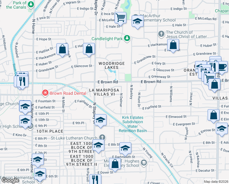 map of restaurants, bars, coffee shops, grocery stores, and more near 1312 East Fairbrook Street in Mesa