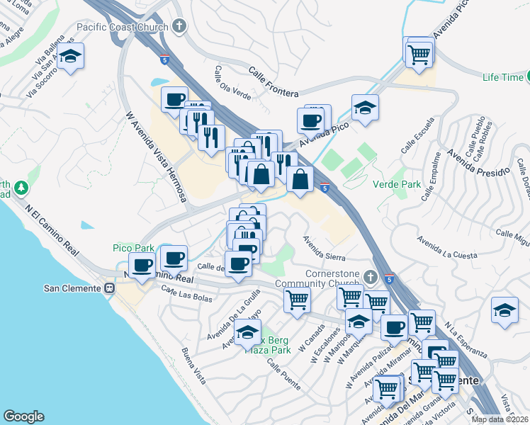 map of restaurants, bars, coffee shops, grocery stores, and more near 1510 Avenida de la Estrella in San Clemente