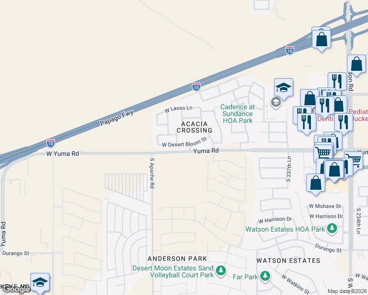 map of restaurants, bars, coffee shops, grocery stores, and more near 24172 West Desert Bloom Street in Buckeye