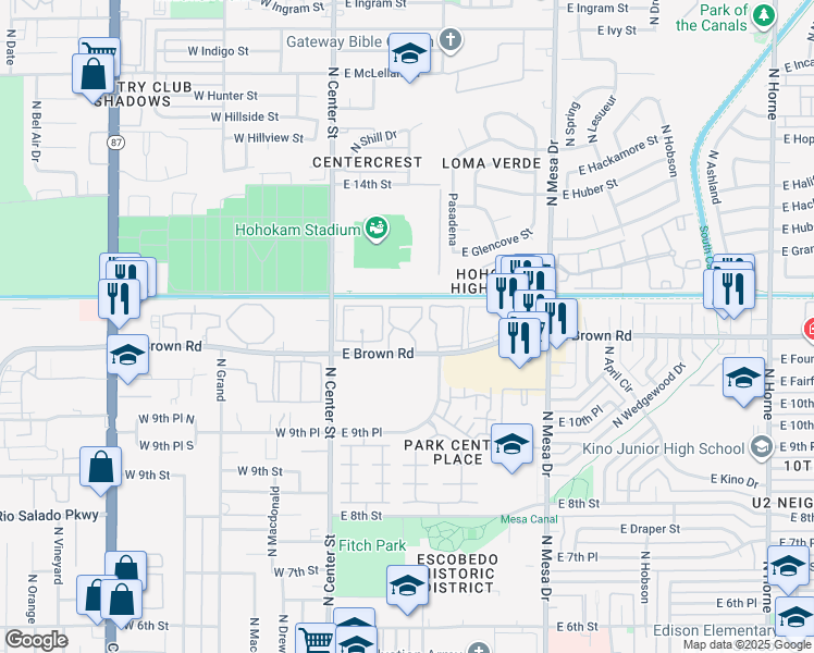 map of restaurants, bars, coffee shops, grocery stores, and more near 132 East Brown Road in Mesa