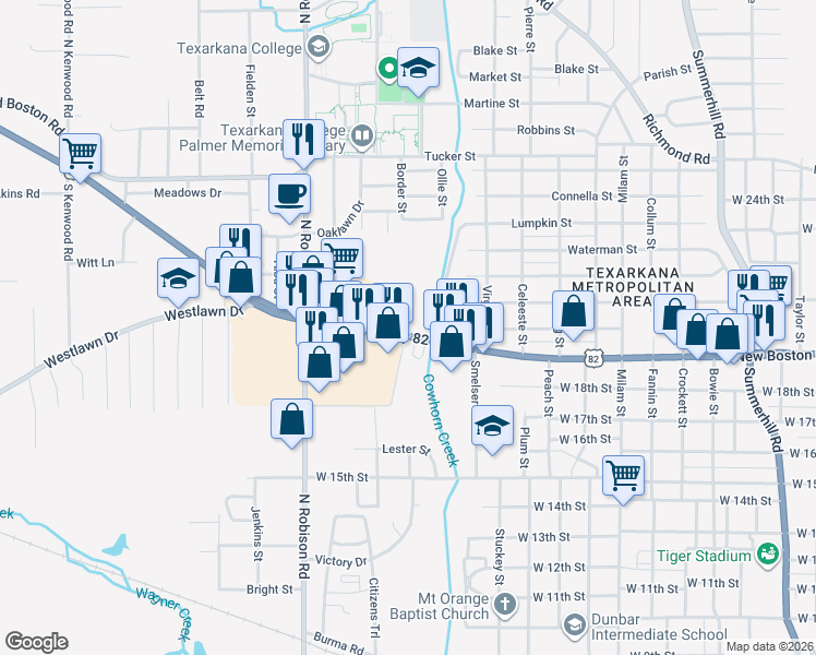 map of restaurants, bars, coffee shops, grocery stores, and more near 2702 New Boston Road in Texarkana