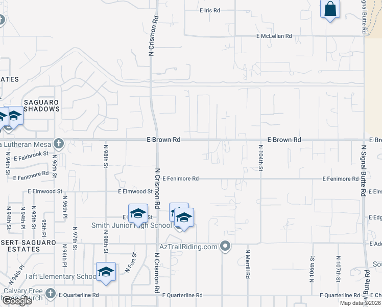 map of restaurants, bars, coffee shops, grocery stores, and more near 10139 East Brown Road in Mesa