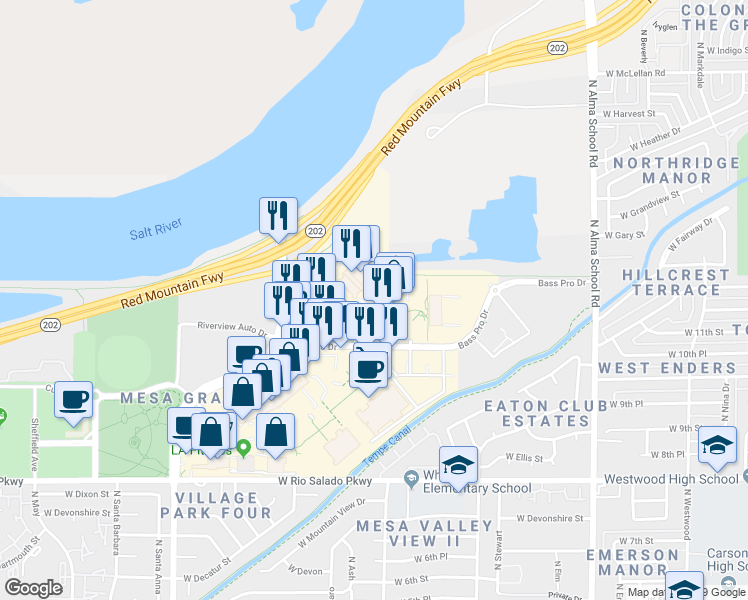map of restaurants, bars, coffee shops, grocery stores, and more near 1065 North Dobson Road in Mesa