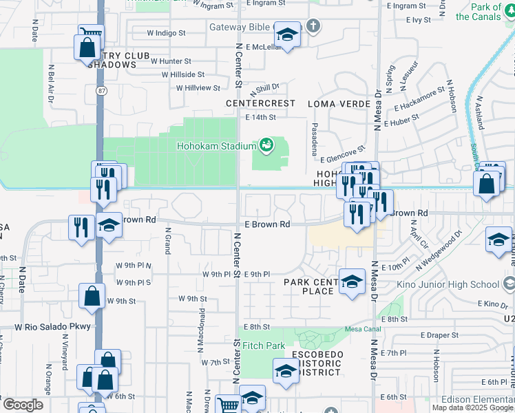 map of restaurants, bars, coffee shops, grocery stores, and more near 30 East Brown Road in Mesa