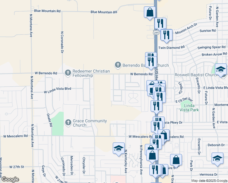 map of restaurants, bars, coffee shops, grocery stores, and more near 163 West Linda Vista Boulevard in Roswell