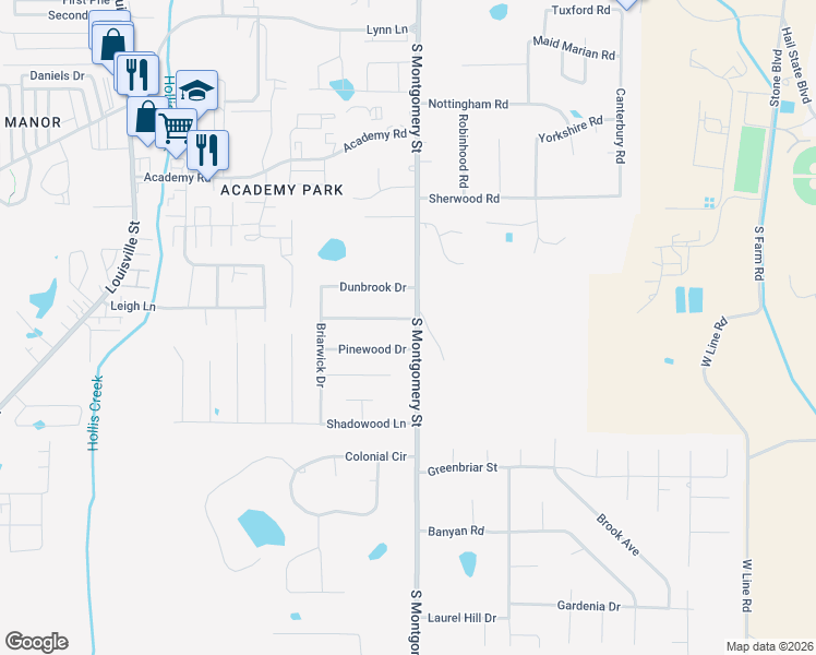 map of restaurants, bars, coffee shops, grocery stores, and more near 1200 South Montgomery Street in Starkville