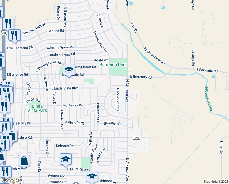 map of restaurants, bars, coffee shops, grocery stores, and more near 1208 East Seville Street in Roswell