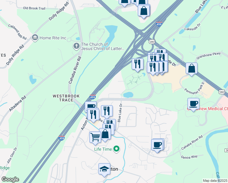 map of restaurants, bars, coffee shops, grocery stores, and more near 3600 Colonnade Parkway in Birmingham