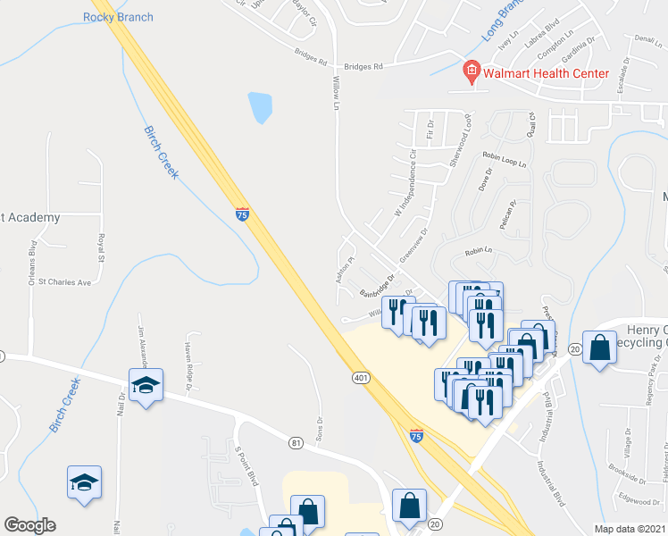 map of restaurants, bars, coffee shops, grocery stores, and more near 128 Ashton Drive in McDonough
