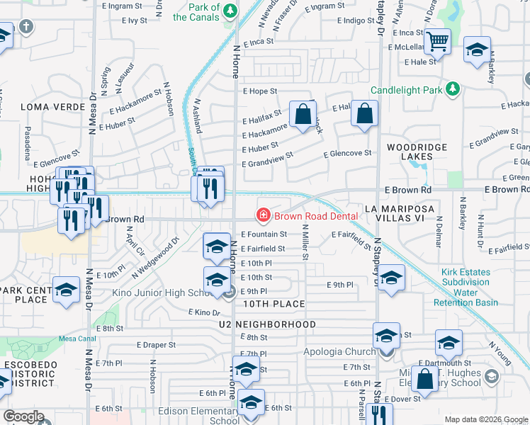 map of restaurants, bars, coffee shops, grocery stores, and more near 860 East Brown Road in Mesa