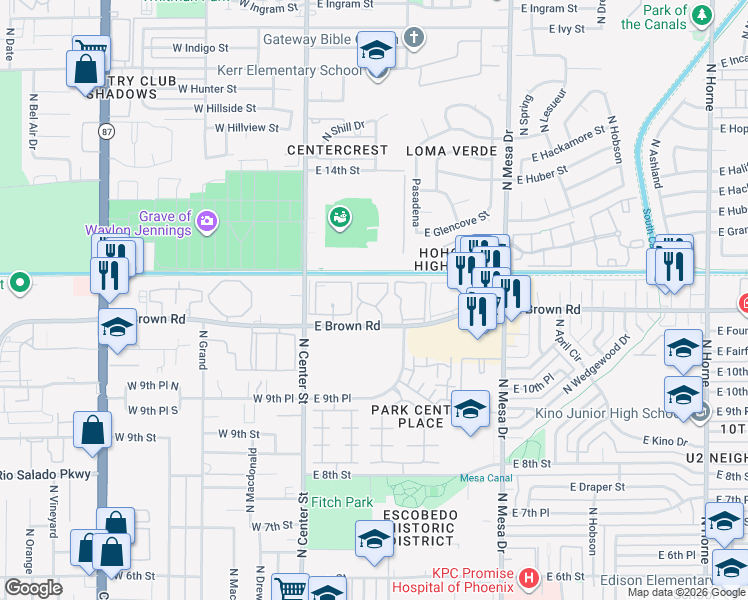 map of restaurants, bars, coffee shops, grocery stores, and more near 132 East Brown Road in Mesa