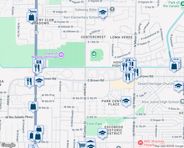 map of restaurants, bars, coffee shops, grocery stores, and more near 30 East Brown Road in Mesa