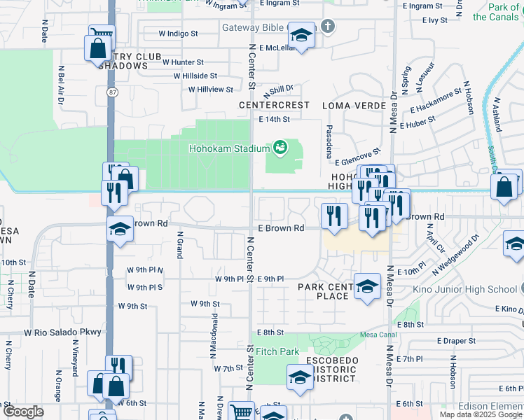 map of restaurants, bars, coffee shops, grocery stores, and more near 30 East Brown Road in Mesa