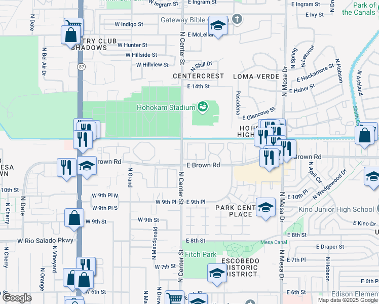 map of restaurants, bars, coffee shops, grocery stores, and more near 30 East Brown Road in Mesa