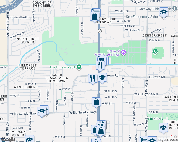map of restaurants, bars, coffee shops, grocery stores, and more near 1150 North Country Club Drive in Mesa