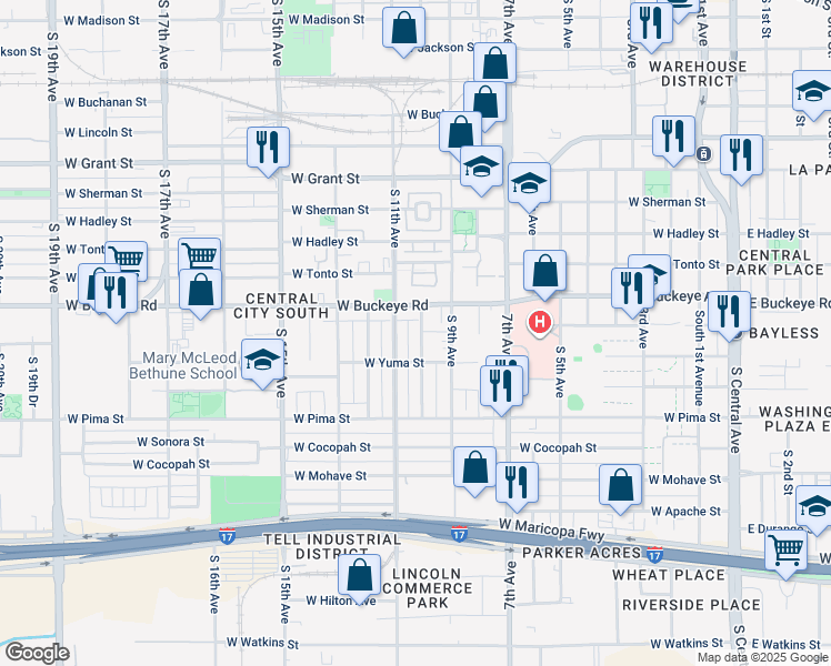 map of restaurants, bars, coffee shops, grocery stores, and more near 1001 West Buckeye Road in Phoenix