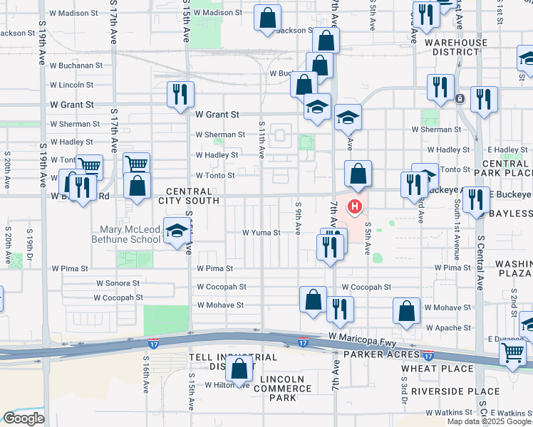 map of restaurants, bars, coffee shops, grocery stores, and more near 1001 West Buckeye Road in Phoenix