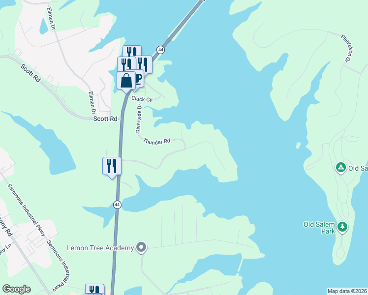map of restaurants, bars, coffee shops, grocery stores, and more near Thunder Road in Eatonton